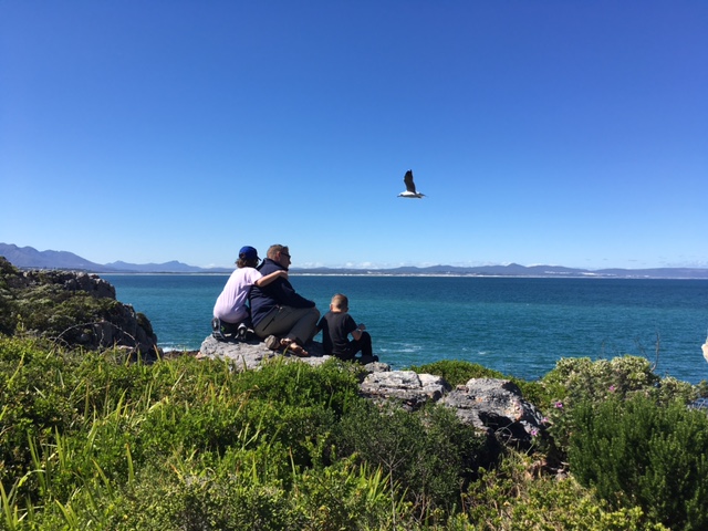 Hermanus cliff top view, family watching for whales
