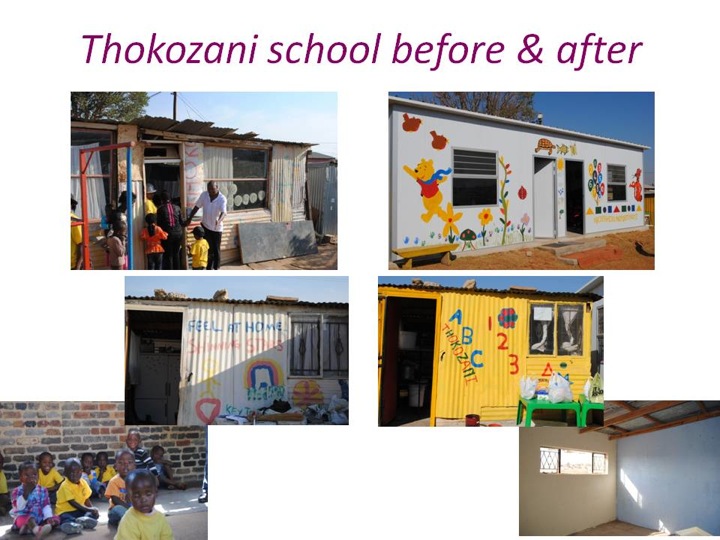 Thokozani preschool Diepsloot, Johannesburg, before and after photos of buildings.
